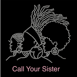 3 Black Women appear as white-dotted outlines on a black background, all facing left. The woman on the left has short hair, large peace symbol earrings and long eyelashes. The woman in the center wears an Indigenous-style headdress of long feathers and a wide headband and a large, round earring containing the shape of the African continent. The woman on the right has an afro and wears a large earring of concentric circles. At the bottom of the image is the title in pink, "Call Your Sister."