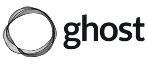 The Ghost CMS logo is spelled out all-small, black letters to the right of a round, black, diaphanous, circular shape.