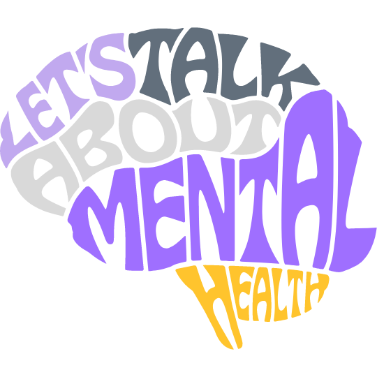 The message, "Let's talk about mental health" is formed in the shape of a brain using light purple, dark purple, charcoal, light gray and gold.