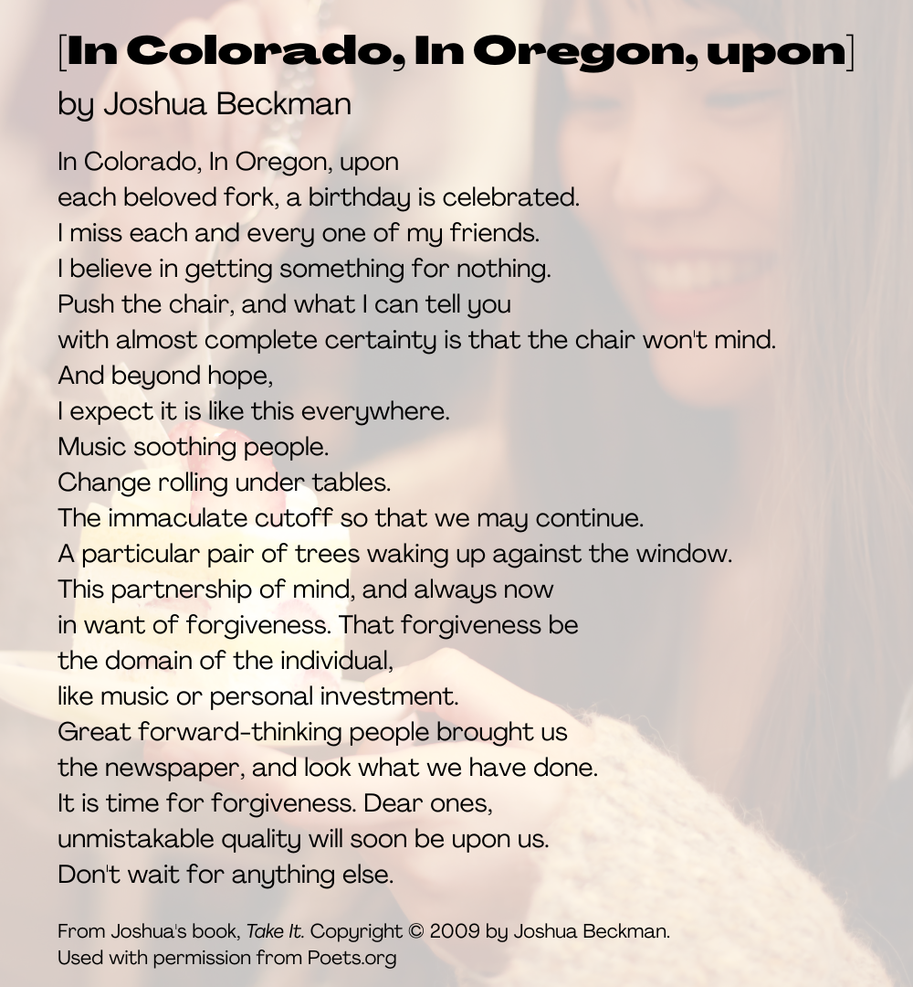 Photo of an Asian woman smiling widely & digging into a piece of cake with white icing & a strawberry. The poem is here: https://poets.org/poem/colorado-oregon-upon 