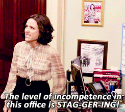 A gif of Selina Meyer banging on a desk in her "Veep" office and saying, "The level of incompetence in this office is STAG-GER-ING!"