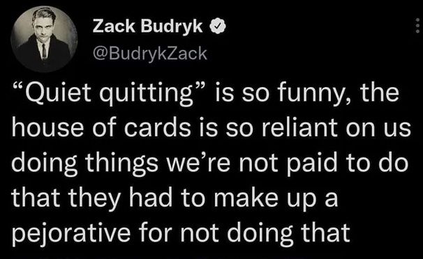 Zack Budryk" "'Quite quitting' is so funny, the house of cards is so reliant on us doing things we're not paid to do that they had to make up a perjorative...."