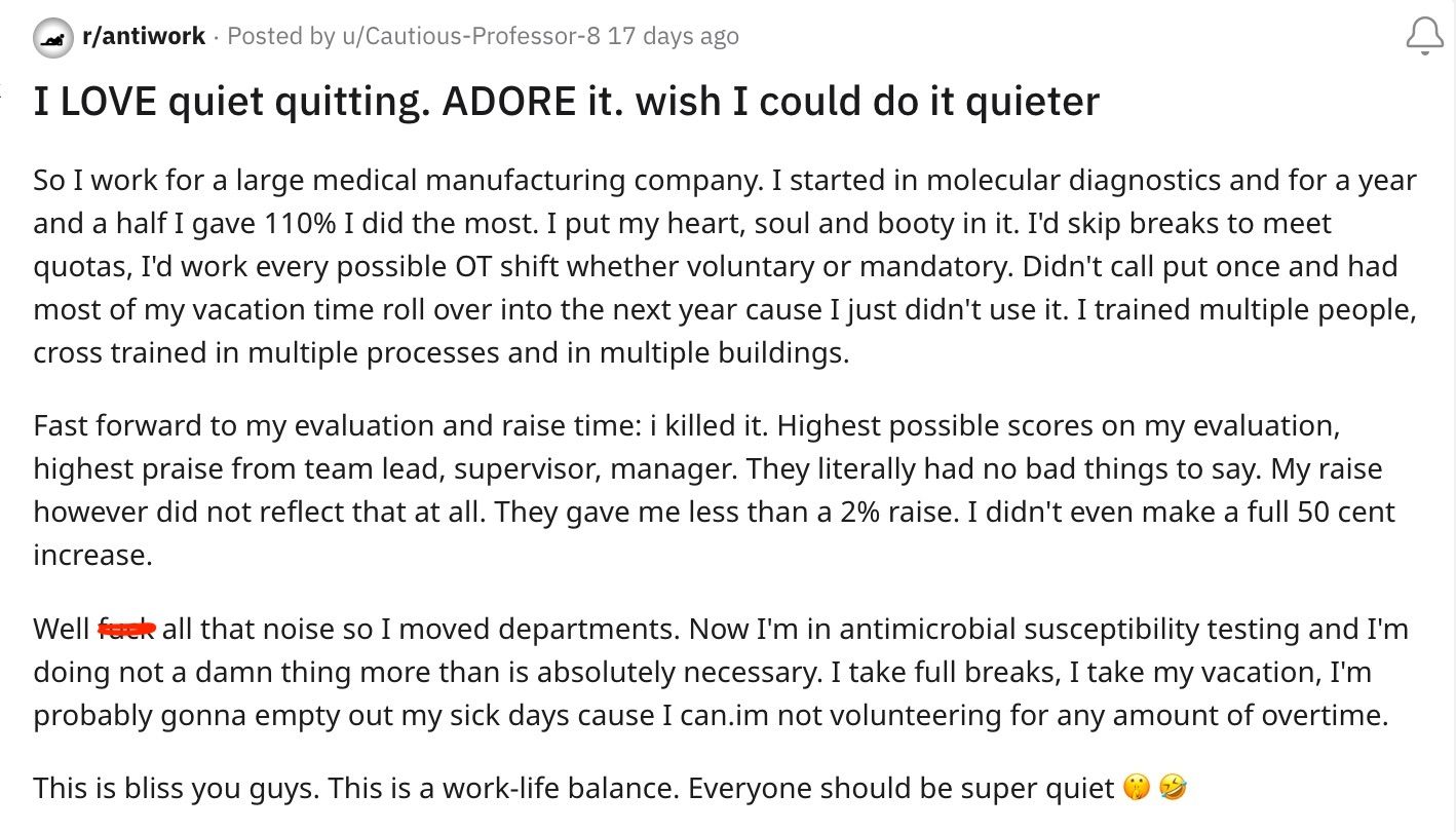 Reddit post about quiet quitting being "bliss" after not being compensated for putting "heart, soul and booty" into work.
