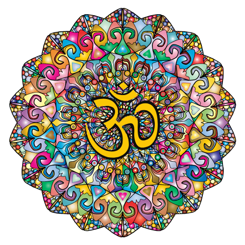 Mandala with many colors and the Sanskrit "om" sybmol in the middle in gold outlined by black