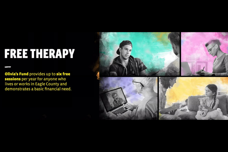 "Free Therapy" in white letters on a black background + additional info. 4 photos of people getting therapy w/various colored backgrounds