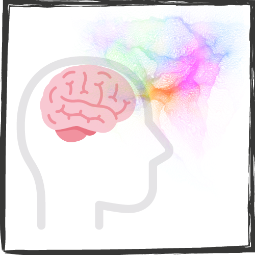 Illustration of a human head and brain with a colorful, mist-like "exhalation" coming from the brain