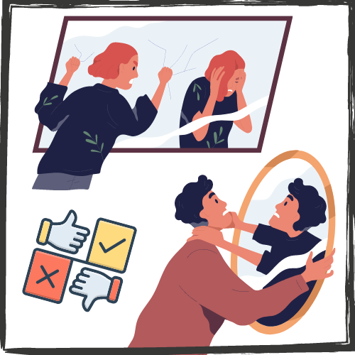 illustration of woman ranting at her image in a mirror and a man being accosted by his image in a mirror; plus thumbs up & down w/a check mark and X mark