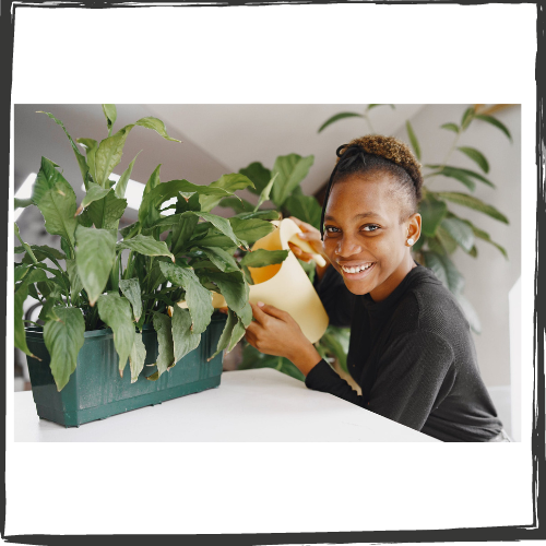 A young, Black girl smiles as she waters a plant in a green, rectangular pot