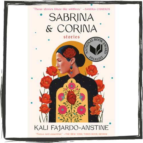 Sabrina and Corina cover: a Latina w/her hair in a bun and poppy by her ear wears a black blouse and is surrounded by poppies
