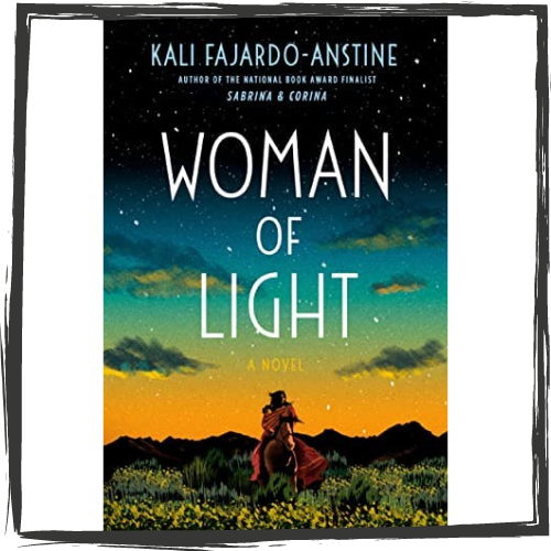 Woman of Light cover: a woman and child wrapped in a blanket ride a horse through sage bushes w/hills in the background