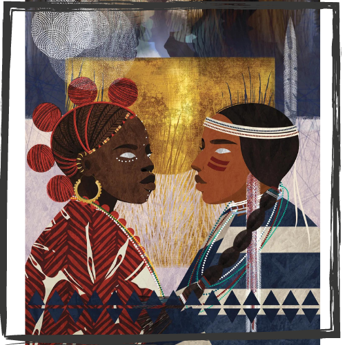 A colorful illustration of an Indigenous Black woman & an Indigenous Brown woman facing each other in their finery