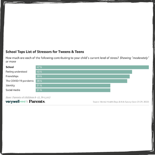 Bar graph showing stressors: school, feeling understood, friendships, pandemic, identity & social media