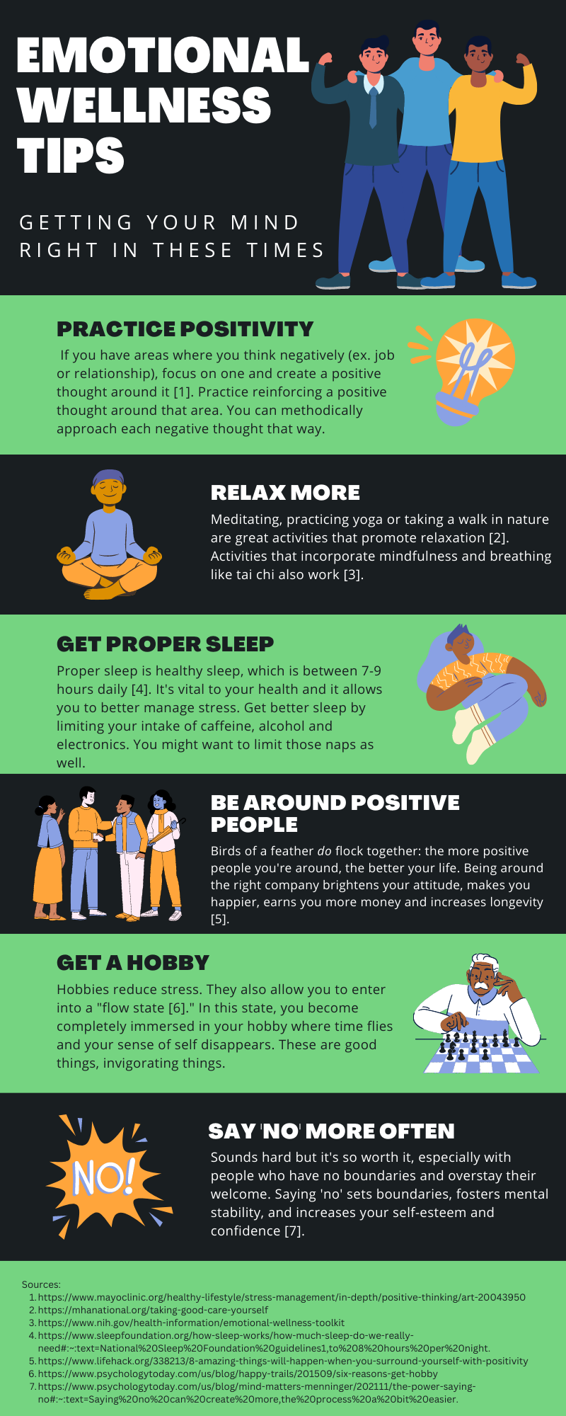 Emotional Wellness Tips: practice positivity, relax more, get proper sleep, be around positive people, get a hobby, say 'no' more often