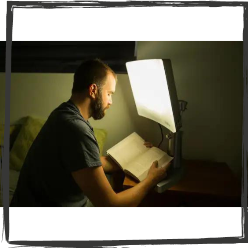 A white man w/a bushy beard and short hair reads a book in front of a light box