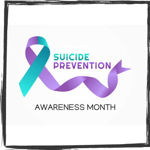 Image of a looped, purple and aqua ribbon w/a trailing, purple tail. Title: "Suicide Prevention Awareness Month"