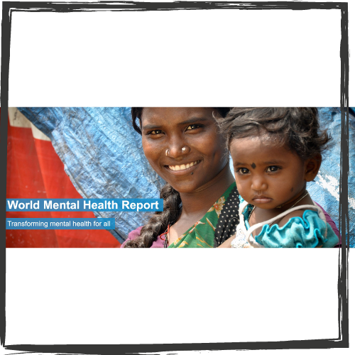 Photo of an Indian mother and child w/World Mental Health Report to the left on a colorful background
