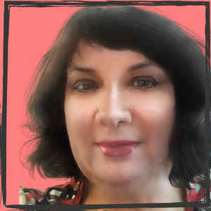 Photo of a woman with shoulder-length, dark hair, reddish lipstick and a red-and-black blouse on a salmon-colored background.