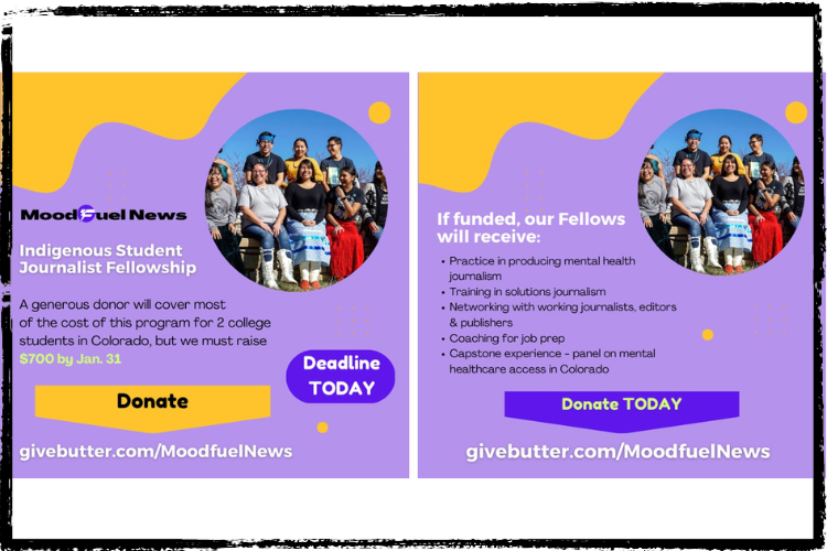 Indigenous Student Journalist Fellowship appeal in gold, purple & black w/a photo of a group of Indigenous students 