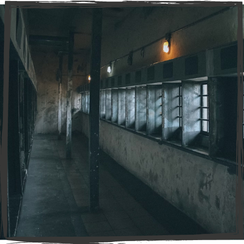 Photo of the inside of a dimly lit, bleak row of prison cells