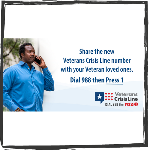 Photo of a Black man in a blue shirt talking on a phone outside. To the right is the Veterans Crisis Line info: Dial 988 then press 1