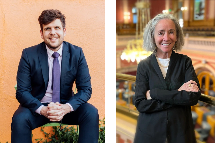 Left, a white man w/short brown hair, wearing a blue suit. Right, a white woman w/shoulder-length gray hair, wearing a black suit