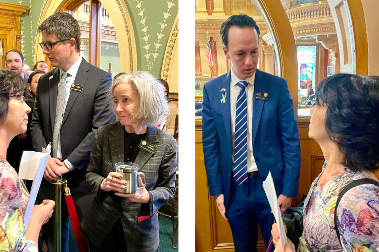 (L) Reps. Kyle Brown & Judy Amabile and attendee Laurie Slaughter. (R) Sen. Dylan Roberts with Slaughter