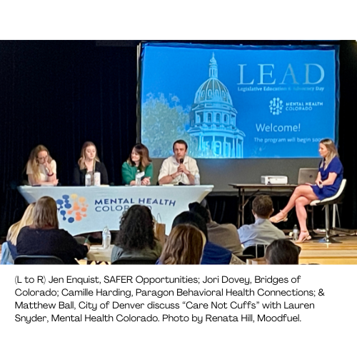 3 white women & a man sit at a table while another white woman off to the side asks questions: SAFER Opportunities, Bridges of Colorado, Paragon Behavioral Health Connections; City of Denver.