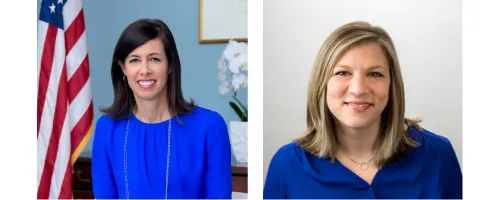 Left: white woman w/brown hair & wearing blue dress. Right: white woman with blonde hair wearing a blue blouse