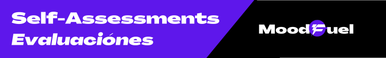 On left, in purple with white letters: Self-Assessments. Evaluaciónes. On right in black with white letters: Moodfuel logo