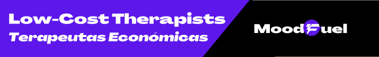 On left, in purple with white letters: Low-Cost Therapists. Terapeutas Económicas. On right in black with white letters: Moodfuel logo
